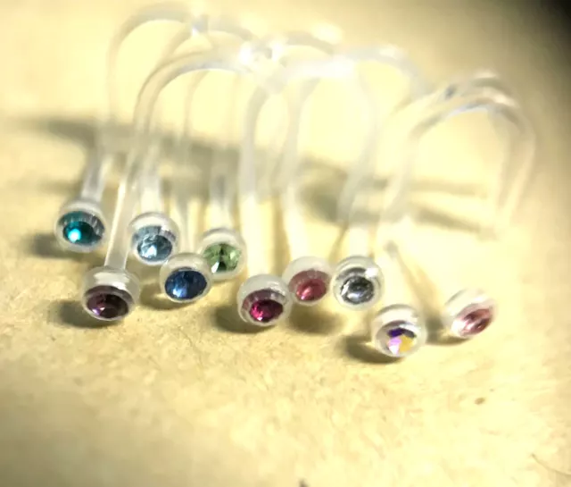 10pc 20g BIOPLAST NOSE STUDS NOSE RINGS SPIRALS 10 COLORS 2mm CZ NOSE STUD CURVE