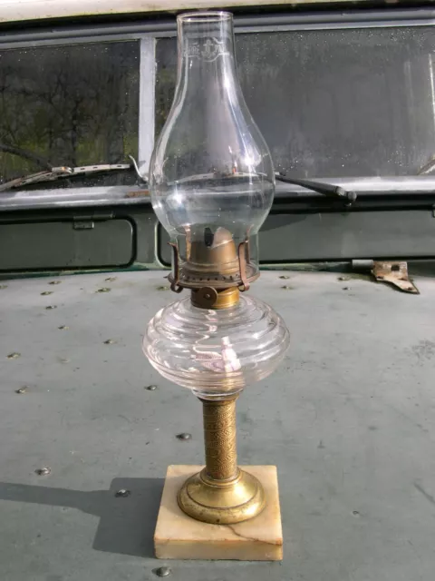 Early American Marble Based  Kerosene Oil Lamp, Working, Birmingham Brass Patent