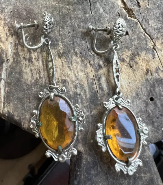 Antique Deco Topaz Paste Glass Filigree Ornate Drop Dangle Screw Back Earrings