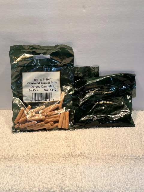 1/4” X 1  1/4” Grooved dowel pins.  New Madison Mills. 7 Bags Of 26 Pieces.   2