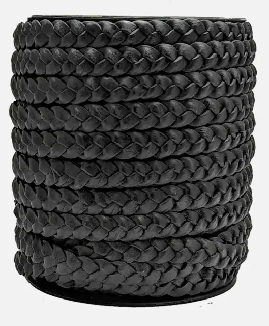 Flat Braided Leather Cord Black 10 mm x 2 mm