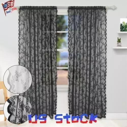 1/2 Panels Lace Window Sheer Drapes Lace Screening Curtains Rod Pocket Home