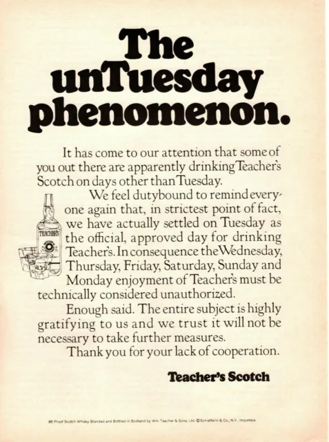 1969 Teacher's Scotch Blended Scotch Whisky "The unTuesday Phenomenon" Print Ad