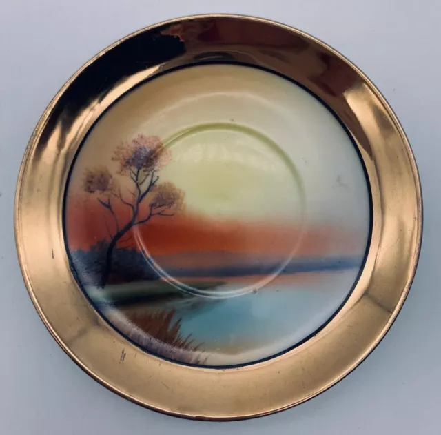 Noritake Handpainted Demitasse Cup & Saucer Trees Lake Sunset Scene Gilded Japan 2