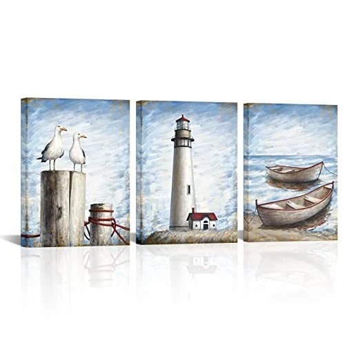 Beach Coastal Canvas Painting Boat Lighthouse and Seagull Pictures Modern