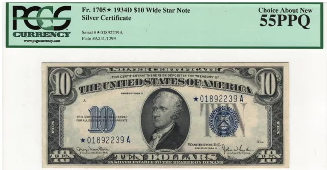 Fr.1705* (W) 1934D $10 Star Silver Certificate, Wide Variety ChAbNew PCGS-55 PPQ