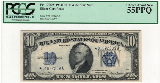 Fr.1705* (W) 1934D $10 Star Silver Certificate, Wide Variety ChAbNew PCGS-55 PPQ