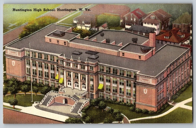 Huntington, WV - Aerial View of Huntington High School Linen - Vintage Postcard