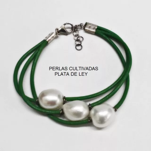 PULSERA de PLATA 1ª ley 925, Cuero Verde Y 3 PERLAS Cultivadas barrocas 11 mm