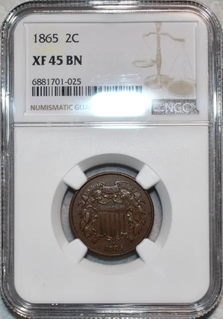 NGC XF-45 BN 1865 Two Cent Piece, Attractive, Chocolate-Brown specimen.