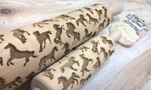 Rolling Pin Wooden Laser Cut Stylish Horses, Racehorses Pattern Embossing