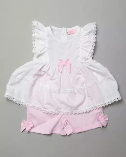 Baby Girls Spanish Romany Lace & Bow Top & Shorts Set Pink White 0-3 3-6 6-9 Mth