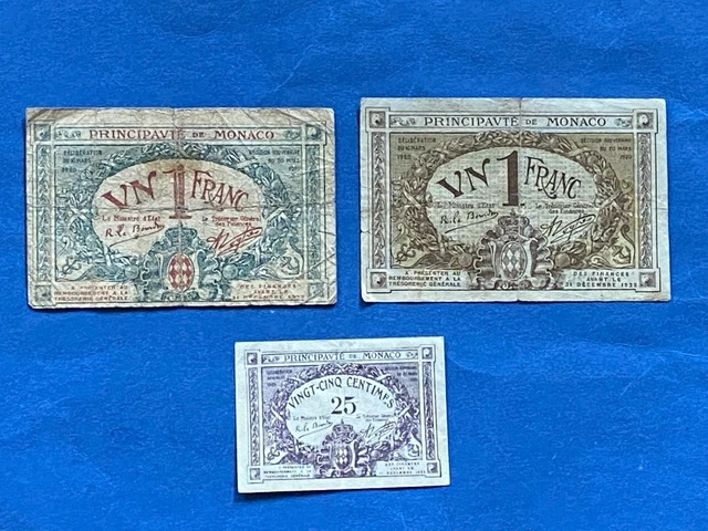 Lot Tres Rare De 3 Billets De Necessité  De Monaco 1920  25 Ct Et 1 Franc