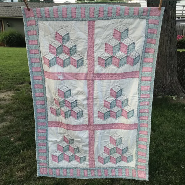 Edredón cuadrado vintage cosido a mano hecho a mano para bebé mosaico 49x34 rosa azul usado