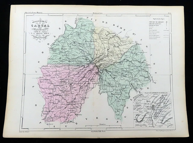 ANTIQUE MAP OF Aurillac Saint Flour Ytrac Mauriac Cantal France ...