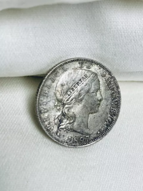 Colombia 1897 Silver 20 Centavos Coin AU+ Details- Great Condition 3