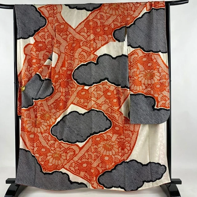 Japanese Kimono Furisode Pure Silk Chrysanthemum Pattern Of Clouds Orange
