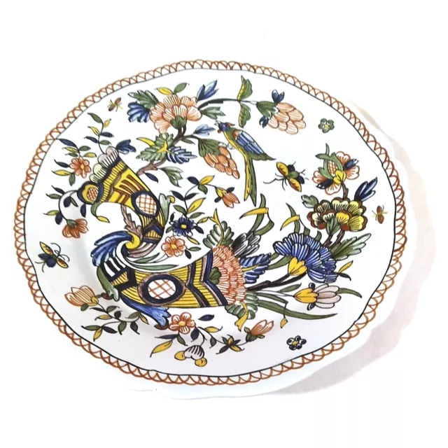 Vintage Italy Hand Painted Majolica Plate Floral Bird Scalloped Edge Signed