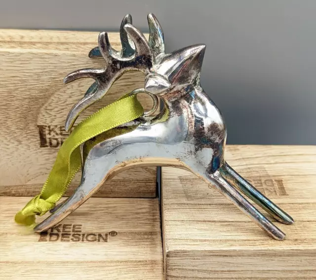 Vintage Silver Plated Reindeer Christmas Ornament Pottery Barn 4" Green Ribbon