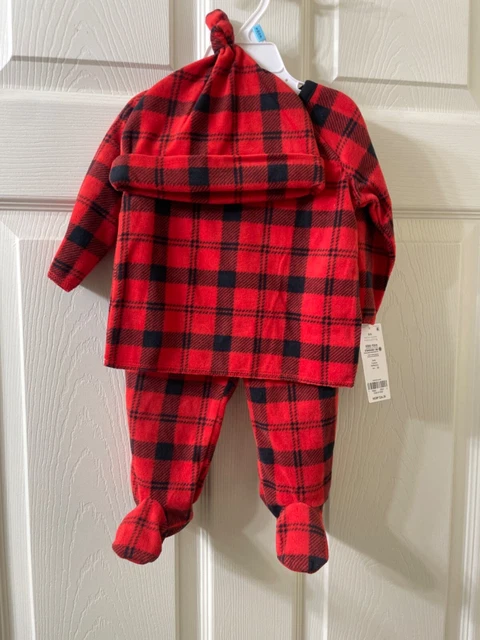 Baby Carters 3 pc Plaid Fleece Shirt Pants Hat Outfit Set Size 3 6 months NWT