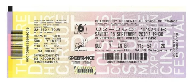 Rare / Ticket Billet De Concert - U2 : Live A Paris ( France ) 2010 / Bono