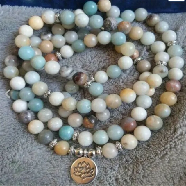 6MM Amazonite Bracelet 108 Beads Lotus Pendant Yoga Spirituality Reiki Mala