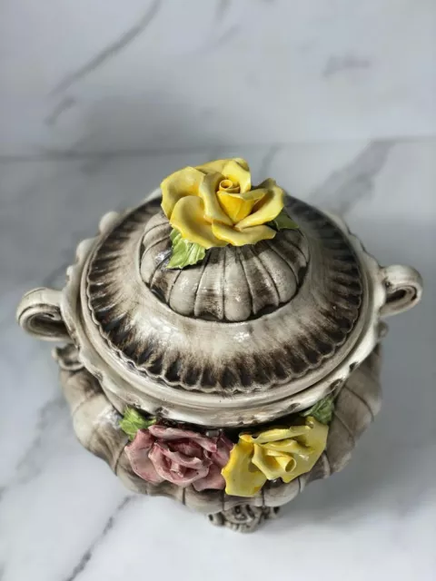 Vintage Capodimonte Porcelain Footed Flower Compote Bowl With Lid 2