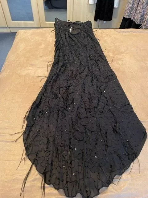 Dusk Black Silk Beaded and feathered Sequin Evening Dress - Size 16