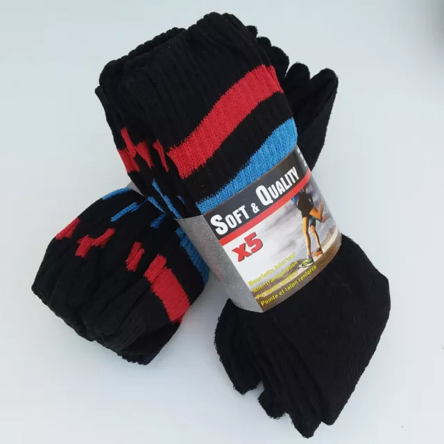 Lot de 10 Paires de Chaussettes Sport , Tennis Noires avec Bandes Rouge et Bleue