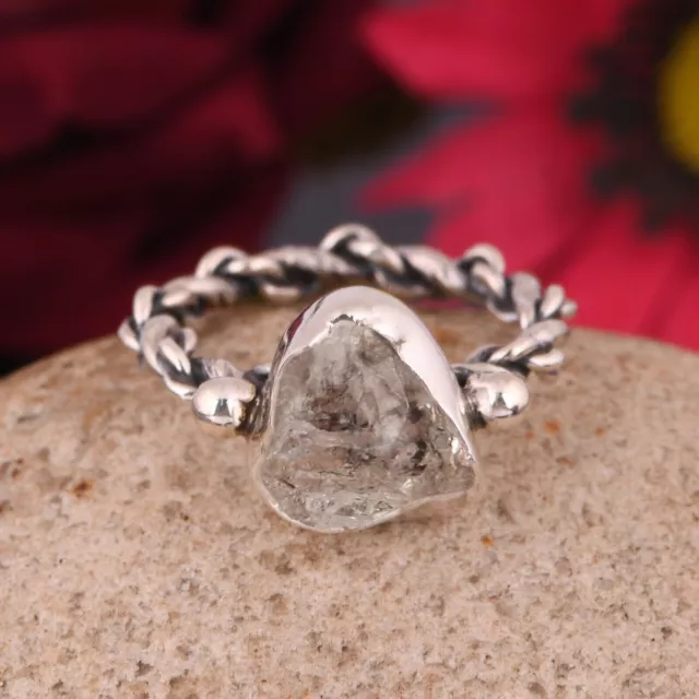 Natural Herkimer Diamond Gemstone Band Twisted Rope Ring 925 Sterling Silver