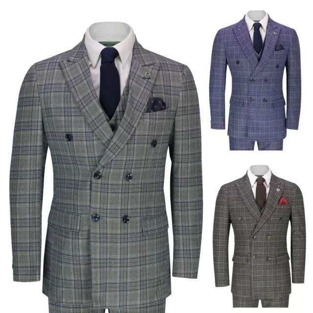 Mens 3 Piece Double Breasted Check Suit Tailored Fit Retro Peaky Blinders Style