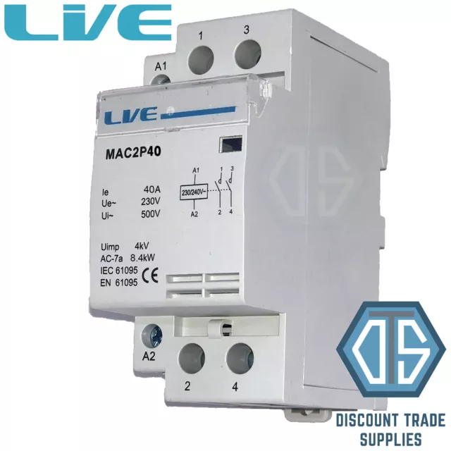 40 Amp 2 Pole Contactor AC 8.4kW Normally Open DIN Rail Mount Heating Lighting