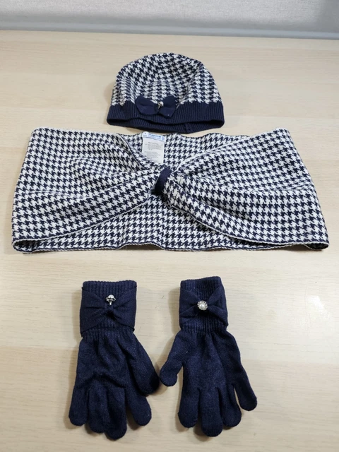 Set sciarpa e guanti cappello motivo denti da cane blu navy/bianchi per ragazze 4 104 cm