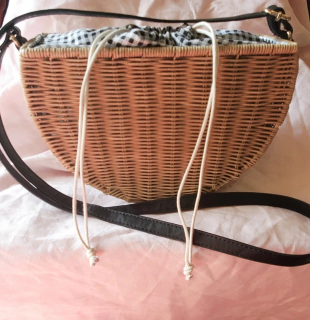 STRAW STUDIO Crossbody shoulder Bag purse rattan wicker, Black Wht gingham lined