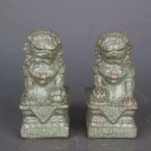 Chinese Song Ru Kiln Crackle Porcelain Foo Fu Dog Guardion Lion Statue Pair