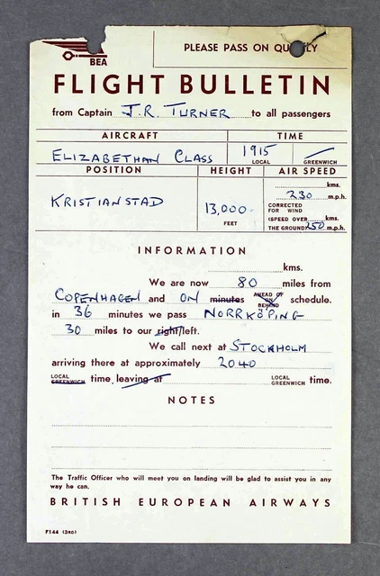 Bea British European Airways Airline Flight Bulletin Ambassador Report