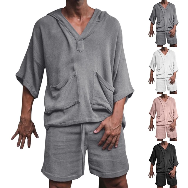 Uomo con Cappuccio Manica Corta Casual Sciolto Top Pantaloncini Set Tuta Intera