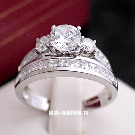 Real Genuine Solid 9K White Gold Engagement Wedding Rings Set Simulated Diamonds