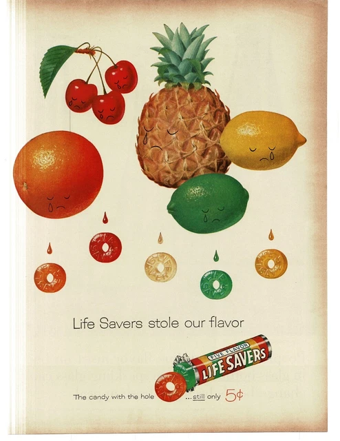 1959 Life Savers Five Flavors Candy fruit with sad face Vintage Print Ad