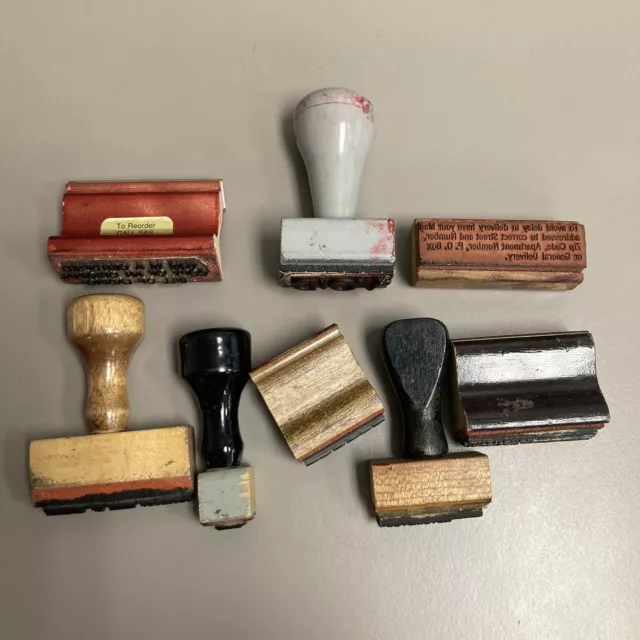 LOT of 10 Vintage RUBBER INK STAMPS  Wood - one missing a handle