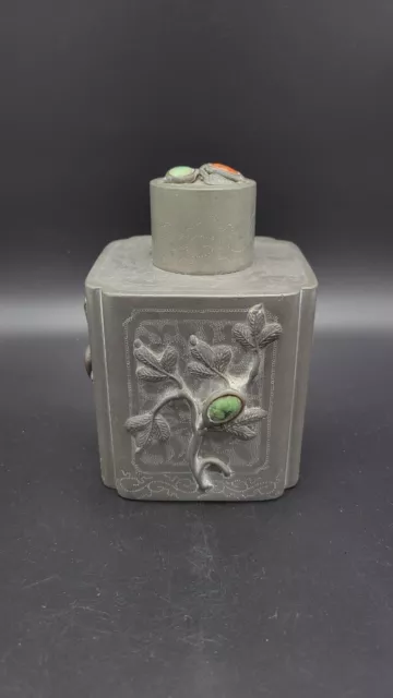 Antique Chinese pewter tea caddy with gemstones, 4 7/8"