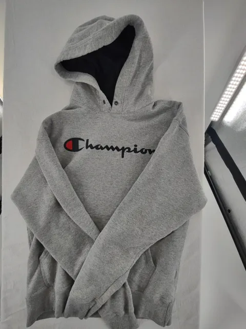 CHAMPION Men’s Fleece Powerblend Oxford Grey Script Logo Pullover Hoodie Medium