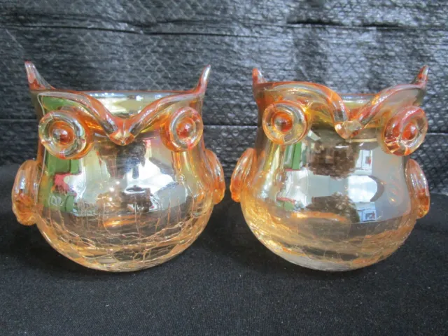 Vintage Blenko Amber Pair of Owl Crackle Art Glass Vases - Really Nice