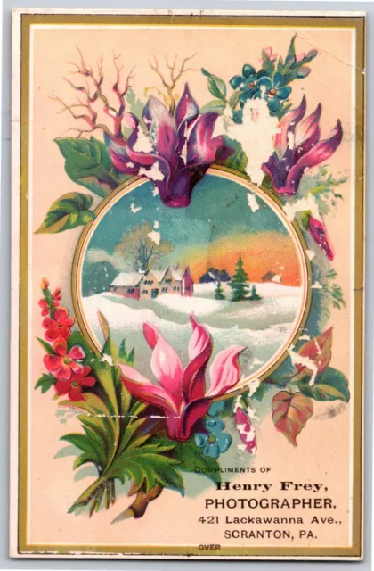 Henry Frey Photographer Scranton, PA Victorian Trade Card Floral Winter Scene