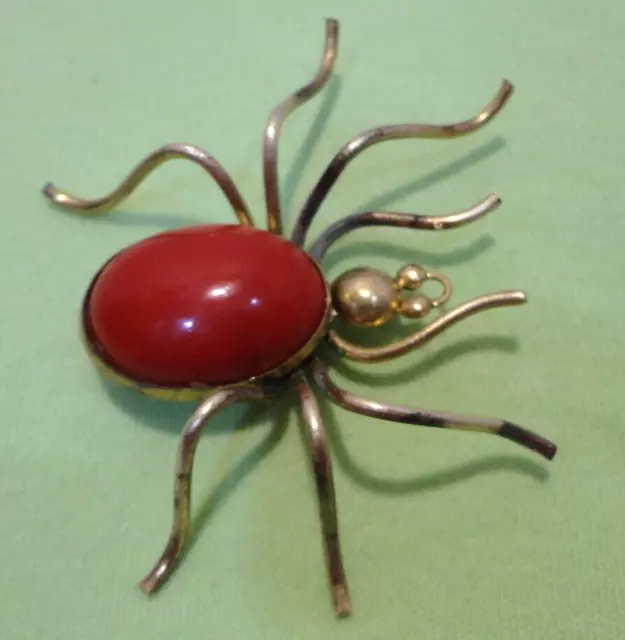 Vintage Metal Spider Brooch Pin Red Plastic C Clasp Bug Insect Estate Jewelry