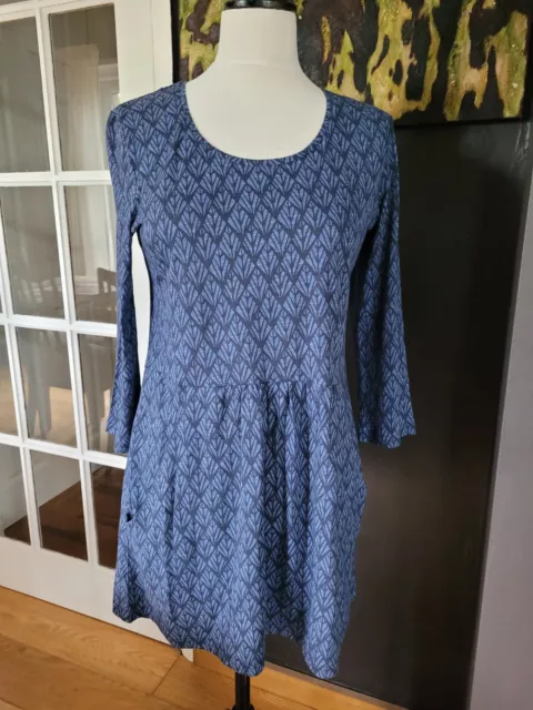 SEASALT 'St Erth' Blue Patterned Organic Cotton 3/4 Sleeve Tunic Dress Size 12