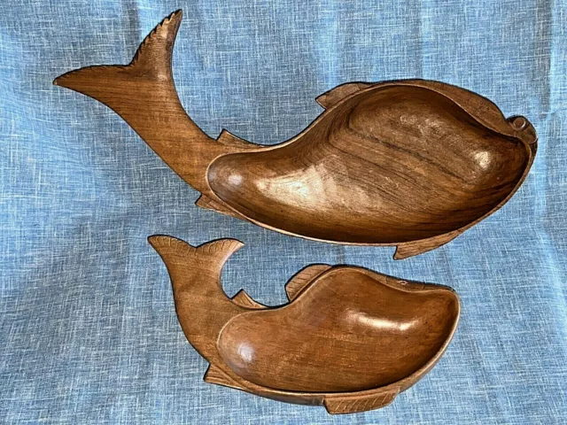 Vintage Pair of Hand Carved Wood Wooden Fish Serving Appetizer Bowls