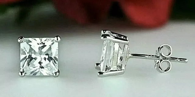 1.00 Ct Princess Cut VVS1/D Lab Created Stud Earrings 14K White Gold Push Back