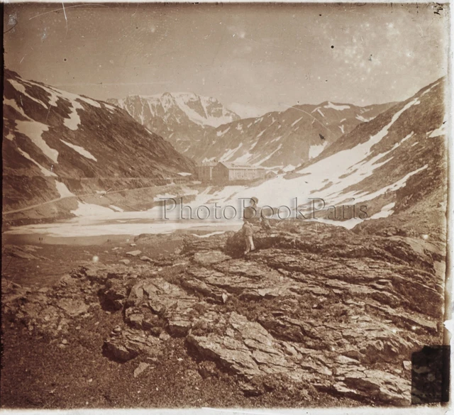 Les Alpes Hospice de St Bernard Photo L1 Plaque de verre Stereo Vintage