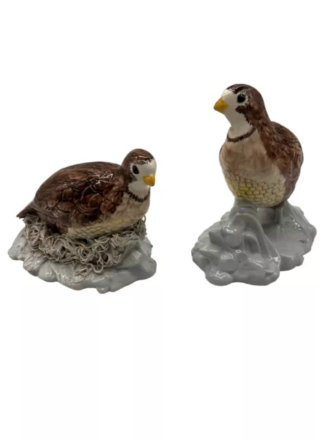 2 Vintage Glazed Quail Pheasant Bird Fowl Figurines 1 With Spaghetti Nest Hunt